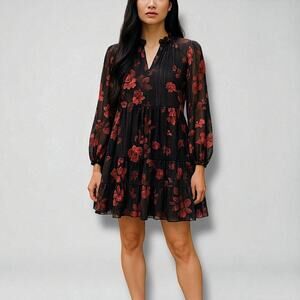MSK Petite Black Red Floral Tiered Dress Long Sleeve Size PS Mini